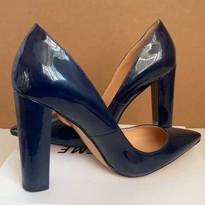 NEW Ladies Navy Blue Patent Leather Closed Pointed Toe Block Heel Shoe Size 15